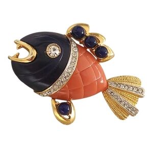 Vtg Hattie Carnegie Signed 1960s Figural Piranha Blue Orange Lucite Fish Brooch